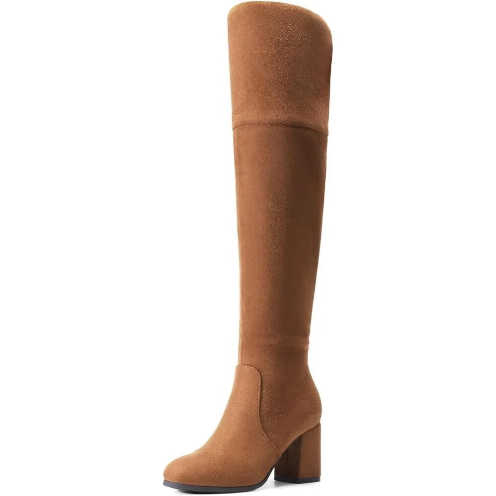 Women's Brown-suede Faux Suede Thigh High Block Heel Over The Knee Long Boot